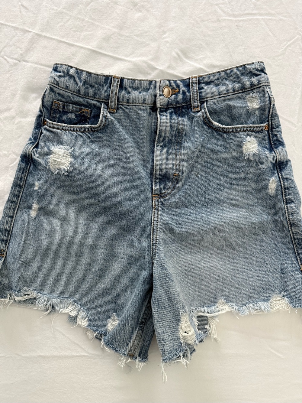 Zara Light Blue Distressed High-Rise Denim Shorts
